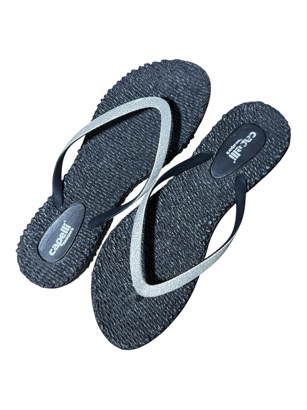 Capelli of New York Black Flip Flop Sandals with Silver Straps
